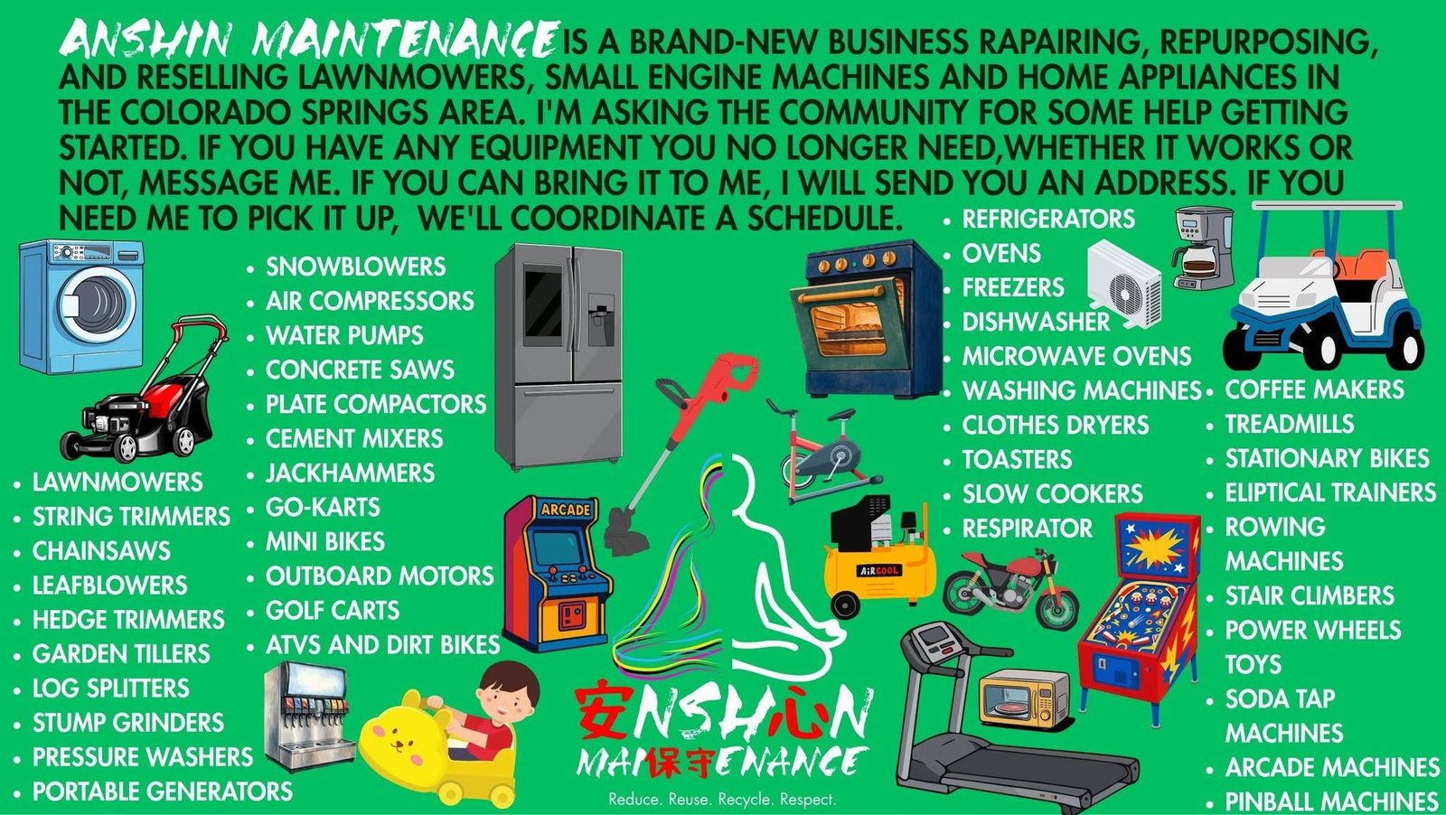 Anshin Maintenance community flyer asking for donated equipment, with the full list of accepted machines and appliances